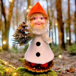 1950s Putz Elf Ornament Bottle Brush Tree Red Flocked Hat Spun Cotton Celluloid